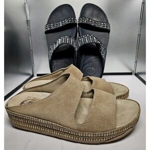 2 Pr Fitflop 2-strap Slides Sz 8 Beige Suede‎ Rattan & Navy Bling  Sandals #331